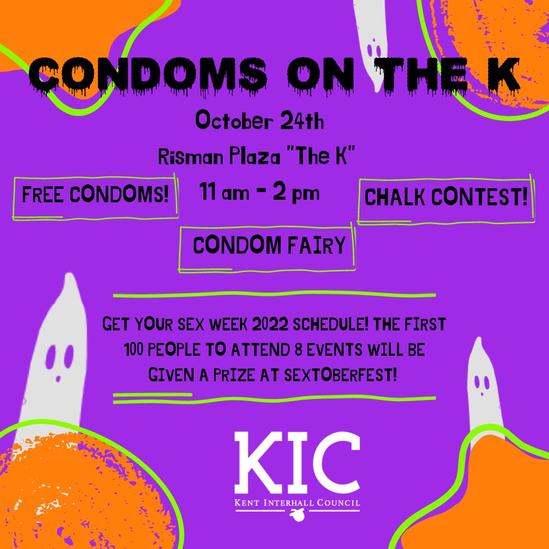 KentInterhall's tweet photo. Mark your calendars because the SEX WEEK 2022 countdown has officially begun!
👻
👻
We are kicking off sex week 2022 with condoms on the K! Stop by Risman Plaza on October 24th from 11am-2pm and bring your sex week hot card!! We will see you on the K! ✨👻 https://t.co/dEeHJstnuz