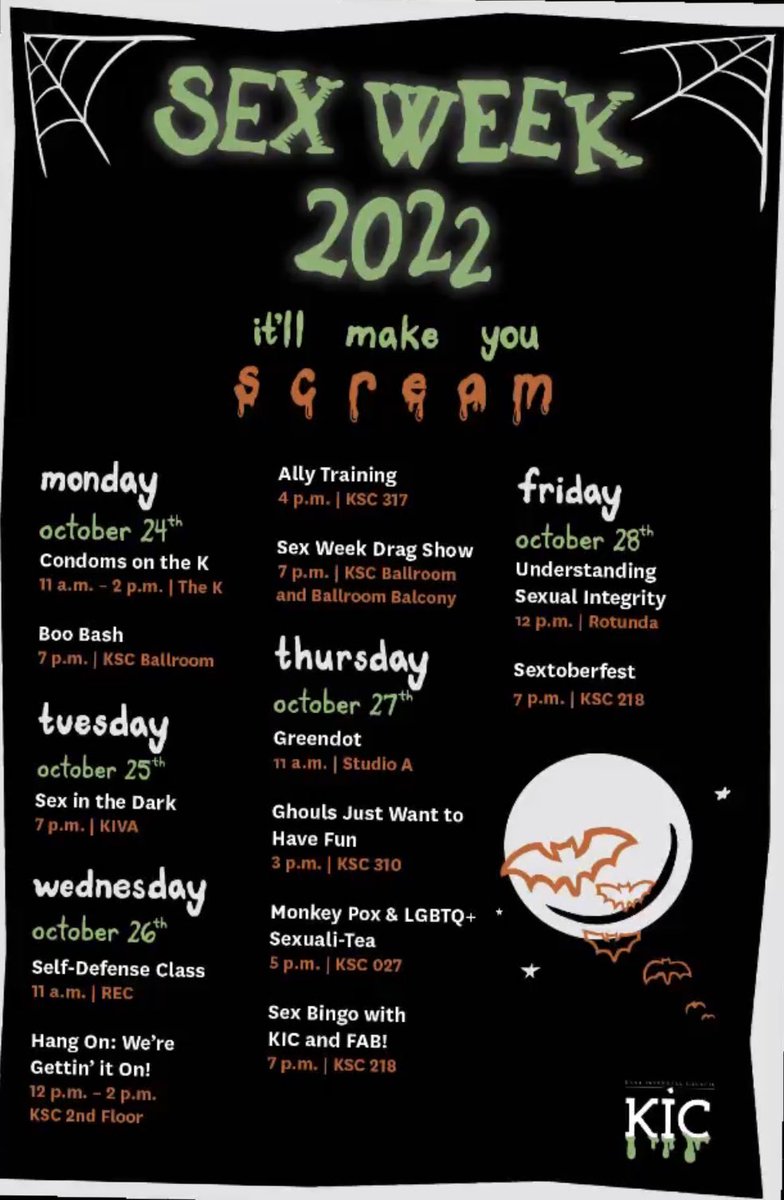 KentInterhall's tweet photo. Mark your calendars because the SEX WEEK 2022 countdown has officially begun!
👻
👻
We are kicking off sex week 2022 with condoms on the K! Stop by Risman Plaza on October 24th from 11am-2pm and bring your sex week hot card!! We will see you on the K! ✨👻 https://t.co/dEeHJstnuz