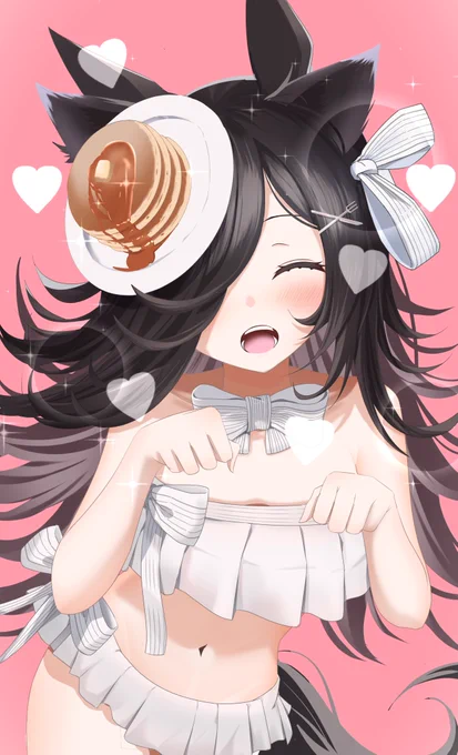 #ウマ娘 #ライスシャワー 「どうかな?黒猫パンケーキライスだよっ!みゃんみゃん」例の歌を歌っている風なライスです 