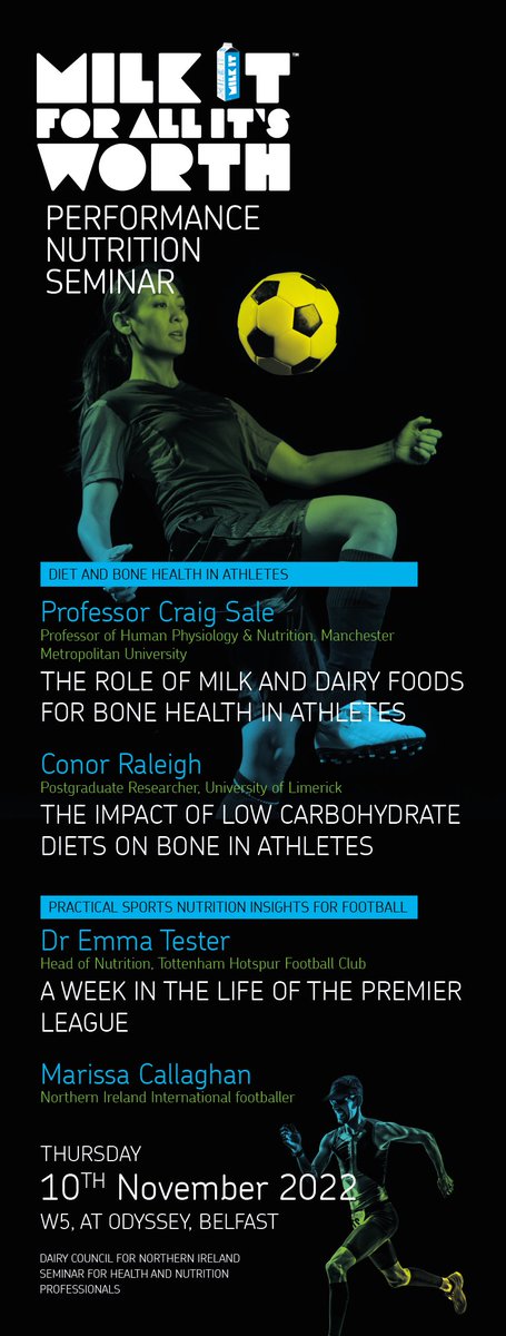 DairyCouncilNI's tweet photo. Our #MilkItNI Sports Nutrition seminar is back in person at W5 Belfast on 10th November with @Sale_ExNut &amp; @conorjraleigh on 🦴health. And @TesterEmma &amp; @marissac_17 on nutrition for⚽️Chaired by @madigan_sharon 
Register https://t.co/4HO7hvq40N https://t.co/YkT9YLtTns