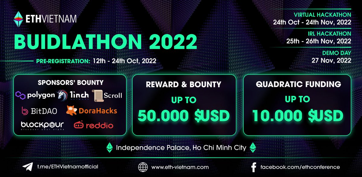 eth_vietnam's tweet photo. 📣 Calling all developers! Help us Build and Contribute to The Future of Web3 in the #ETHVIETNAM BUIDLATHON 2022

💰Over $60,000 in prizes to be won from @0xPolygon @1inch @Scroll_ZKP @BitDAO_0fficial @DoraHacks @Blockpour @reddio_com
   
👉Register now: https://t.co/yOvCCkl94K https://t.co/xIIBQks5aW