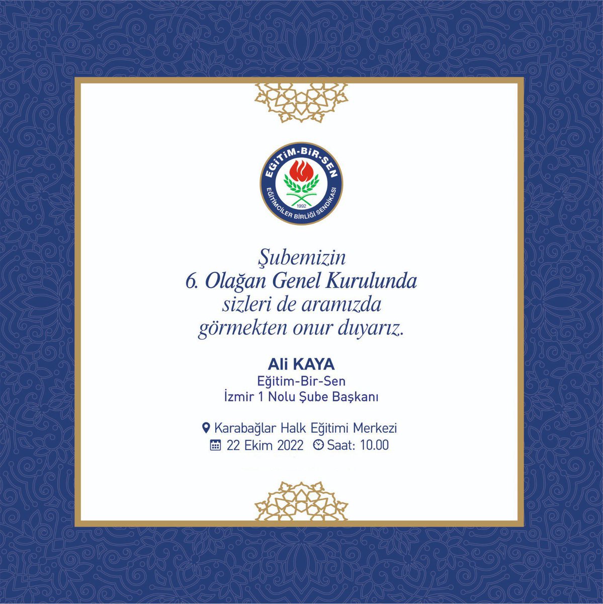 GENEL KURULA DAVET

Eğitim-Bir-Sen İzmir 1 Nolu Şubemizin 6.Olağan Genel Kuruluna Tüm Dostlarımız Davetlidir 

🗓️ 22 Ekim 2022 / Cumartesi
🕙 10:00
📍 Karabağlar Halkeğitim Merkezi Konferans  Salonu