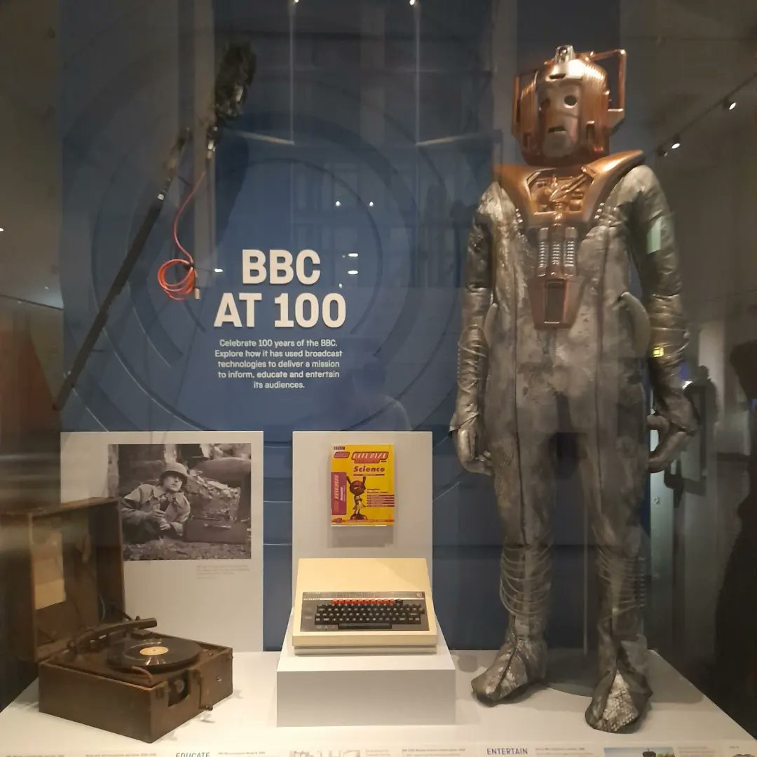 KasiaMadera's tweet photo. As the @BBC celebrates 100 years today, here's the @sciencemuseum's display featuring the Midget portable recorder developed in 1944, the 1982 Microcomputer Model B & the #doctorwho #Cyberman costume from 1988. #BBCat100 #BBC100 #BBCCentenary #100BBC https://t.co/hGfIivirnG