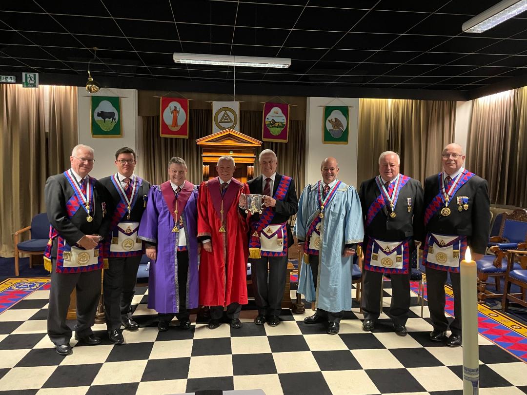 Travelling Loving Cup Travels On
Last night, the TLC was presented at the Chapter of Faith and Hope by a deputation from Athelstan Chapter.  It will move on again soon in its journey around Warwickshire. <a href="/WarksRoyalArch/">Warks Royal Arch</a>  Great night enjoyed by all present.