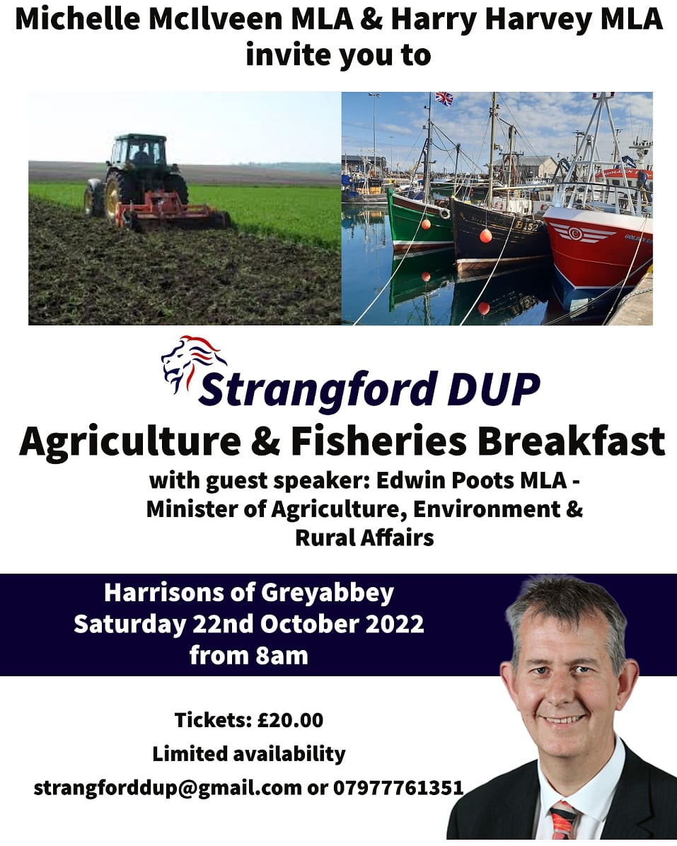 StrangfordDUP's tweet photo. Strangford DUP is hosting an Agriculture &amp; Fisheries Breakfast this Saturday at 8am. A great opportunity to hear from the Agriculture Minister &amp; engage with colleagues in the sectors. Register in advance to book your place. #farming #fishing #agriculture @MMcIlveenDUP https://t.co/QesIQkZ3N1