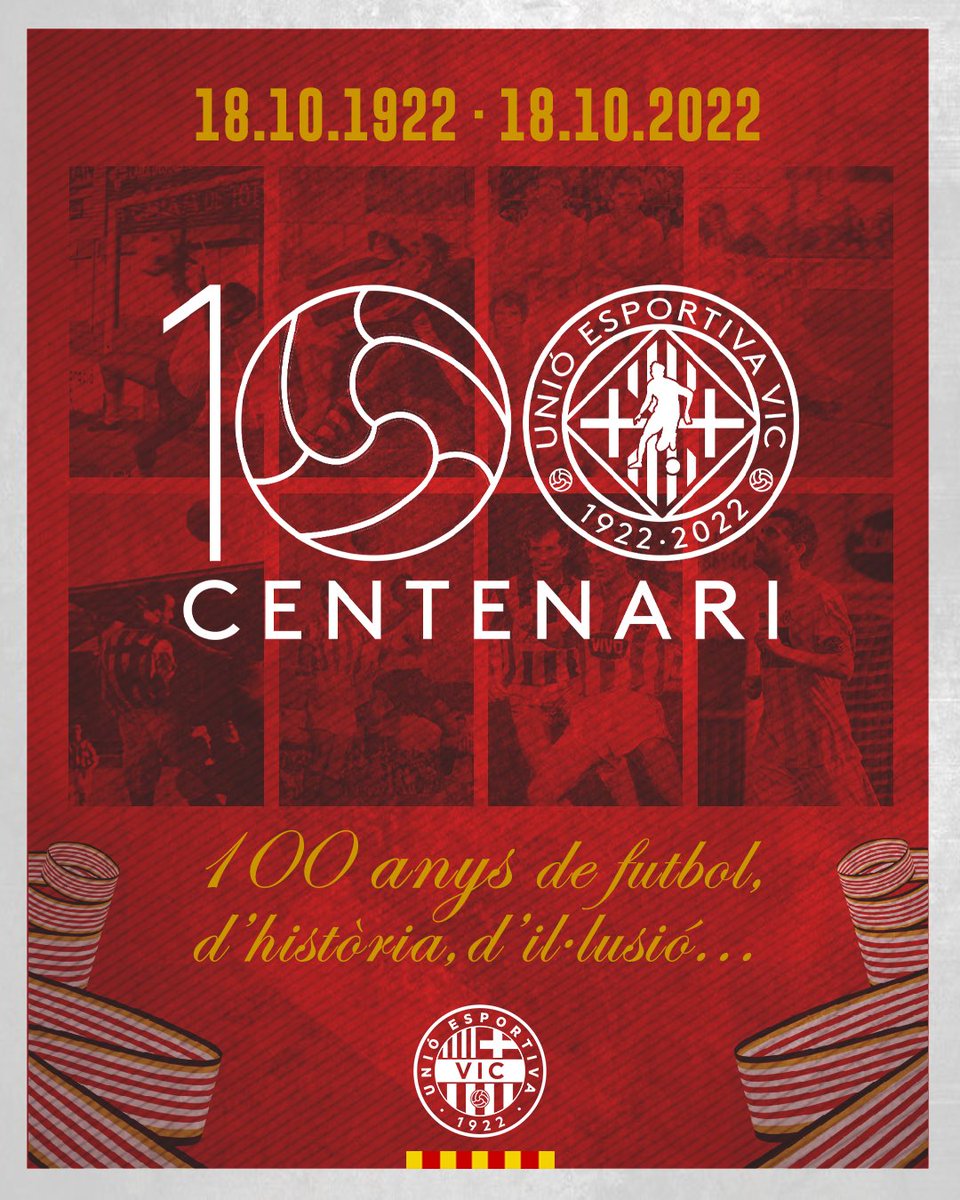 UEVic_'s tweet photo. 💯 El Centenari ja és aquí! ❤️🤍

1️⃣0️⃣0️⃣ anys de futbol, d'història, d'il·lusió... ✨

😍 Gràcies, família vigatana, per acompanyar-nos en aquest llarg viatge on encara ens queda molt per recórrer!

#SomUEVic 🔴⚪
#UEVic #futbolcat https://t.co/Ho5z6LkUQW