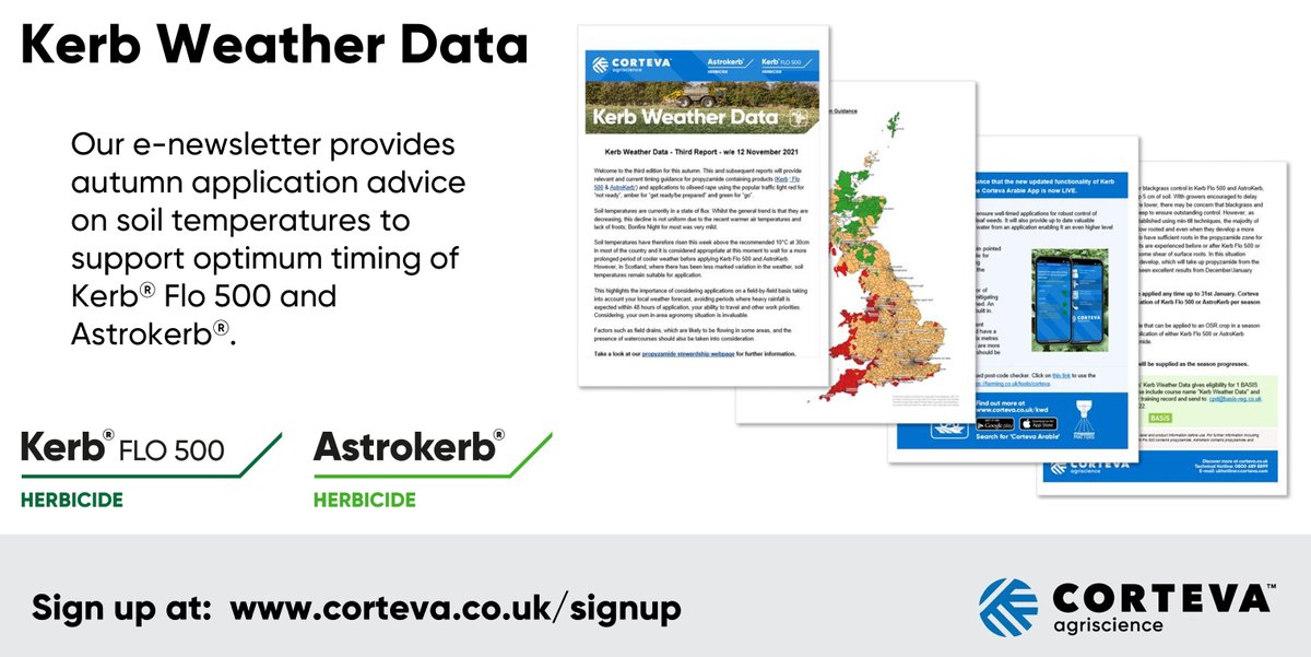 CortevaUK's tweet photo. We will be sending out our first Kerb Weather Data e-newsletter for the season - this week!
It provides autumn application advice on soil temperatures to support optimum timing of #Kerb®️ Flo 500 and #Astrokerb®️.
Sign up 👉 https://t.co/ZB7m3ihEWa https://t.co/F8DHPEKTen