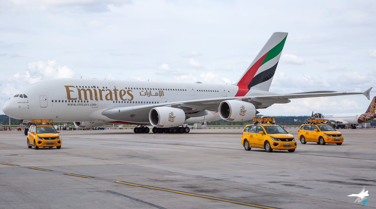 The first Airbus A380 at Bengaluru being escorted by follow me cars to the gate!
<a href="/emirates/">Emirates</a> 
<a href="/BLRAirport/">BLR Airport</a>