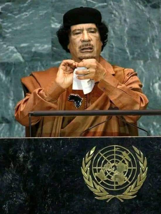 NotAyobami's tweet photo. In 2009, Muammar Gaddafi addressed the United Nations General Assembly for an hour and a half, then tore up the Charter of the United Nations. In 2011 Nato launched more than 10,000 air raids on Libya with over 500,000 Civilian Casualties &amp; carted away the nation’s gold.

Thread https://t.co/hv5T2aovFr