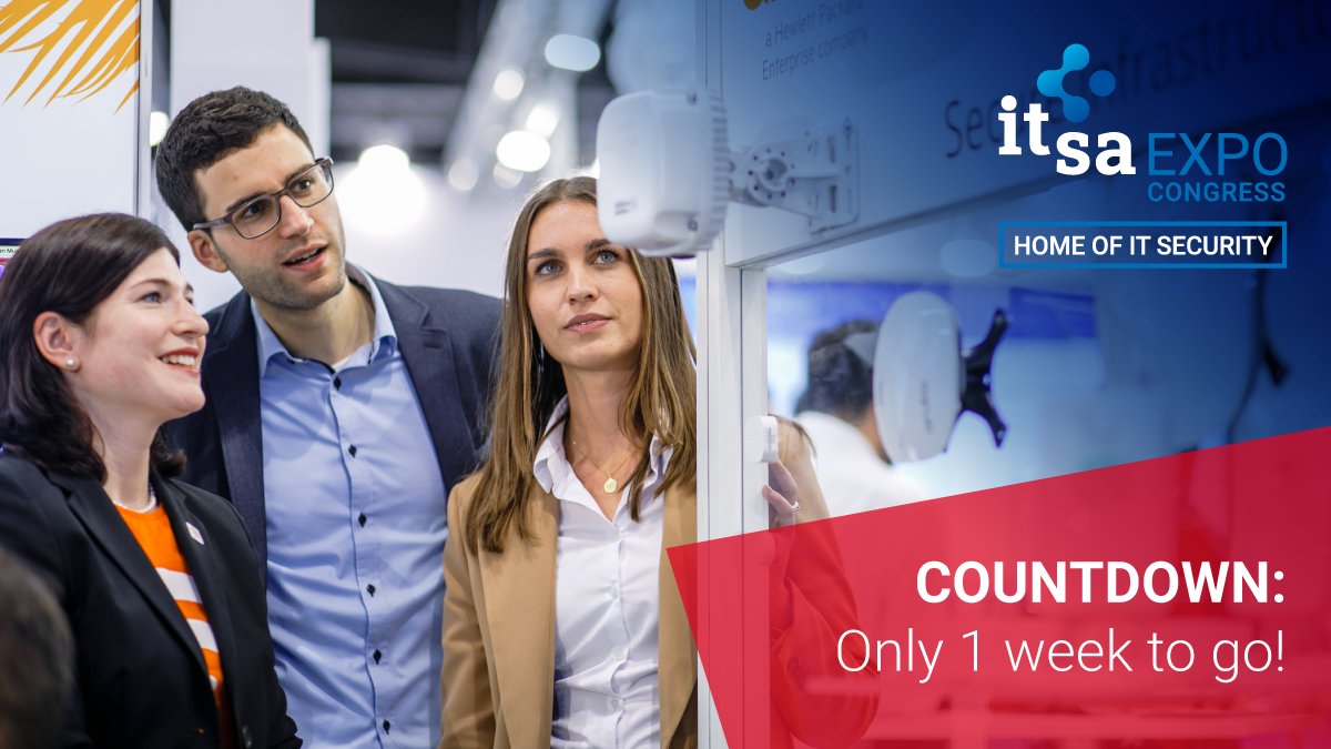 Just one more week until decision-makers, experts and IT security officers from all sectors finally meet again at #itsaexpo 2022:

➡️ from 25 to 27 October
➡️ on-site in Nuremberg, Germany, as well as online via #itsa365

Get your free visitor ticket now: it-sa.ly/1v4c