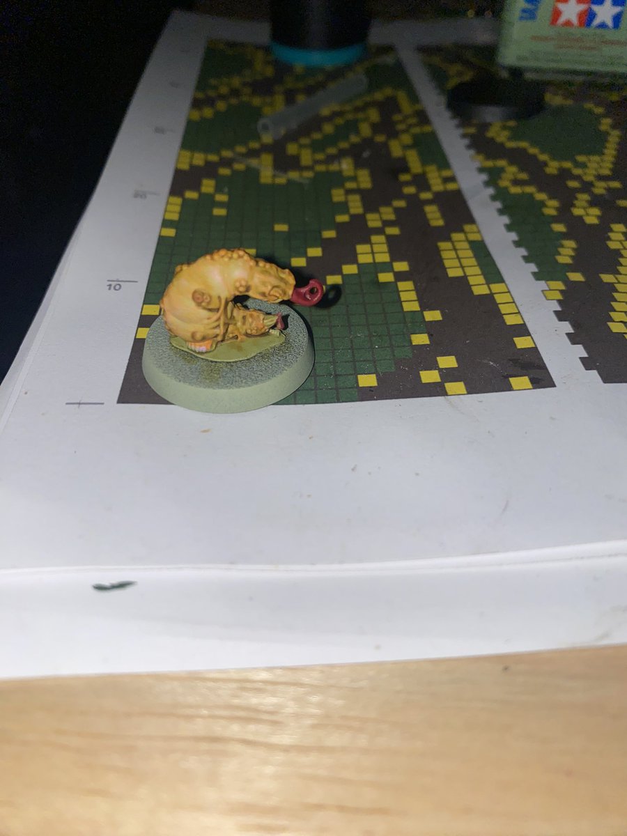 Welldweller's tweet photo. In progress painting photos. Im a bit limited in colors hoping to get a few more. I def want to add texture. My gellerpox will be moldy, grass growing buggy zombie things 🥹 #warhammer #gellerpoxinfected #killteam https://t.co/Z3zRIZOwB3