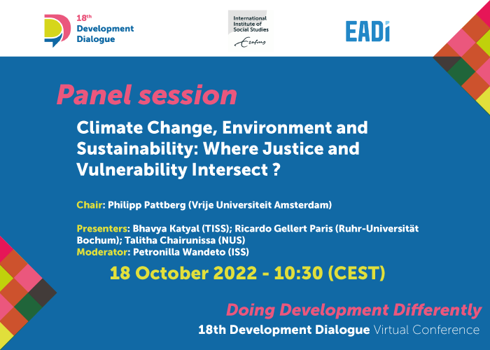 18thDD's tweet photo. Panel preview: Starting in 2 hours, "Climate change, environment and sustainability: where justice and vulnerability intersect" chaired by Prof. Pattberg @P_Pattberg, presenters: Talitha Chairunissa, Bhavya Katyal, &amp; Ricardo Gellert Paris.  
Join at https://t.co/OmATDirOdt https://t.co/pydfEXoRQd