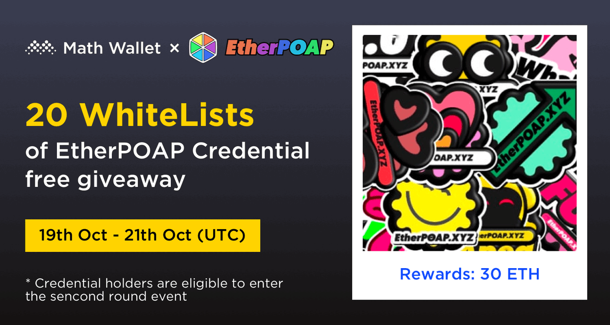 MathWallet's tweet photo. MathWallet x EtherPOAP Credential Free #Giveaway !

🎁20 Credential NFT WLs

To enter: 

❤️Follow @MathWallet &amp; @EtherPOAP 
🔄RT &amp; @ 3 friends
✅Complete: https://t.co/I0lMvkTLrB

Powered by @Collectify_app 

#ETH https://t.co/TUxjIMIdlM