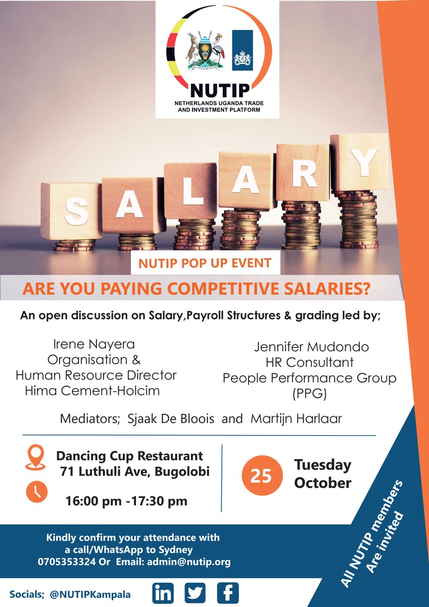 Nutip_Kampala's tweet photo. @Nutip_Kampala invites all it's members to our Pop-up event. Topic: Are you paying competitive Salaries?
Dated Tuesday 25th-October-2022 from 16:00pm-17:30pm @Dancing Cup Bugolobi Luthuli Ave. Opp Union House. More details refer to your attached invite. #networking #nutipevent https://t.co/s7MSimMnWo
