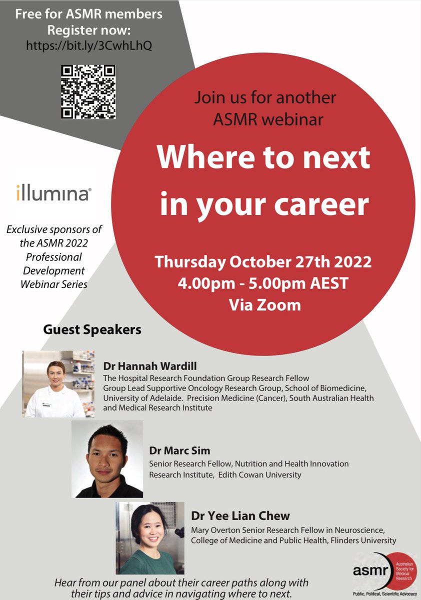 We are thrilled to bring you another ASMR Professional Development webinar - hear from our panel about career paths along with their tips and advice in navigating where to next! 27 Oct, 4-5pm AEST on zoom Register: asmr.org.au/cpd-and-events… 1/3