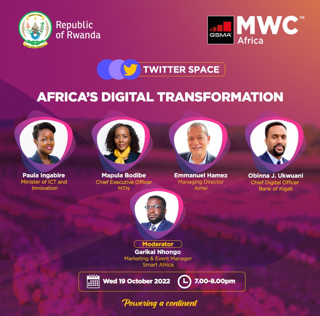 RwandaICT's tweet photo. Join us tomorrow, Wed 19 October at 7pm for a conversation on Africa's digital transformation and the first African edition of the Mobile World Congress, happening from 25-27 October 2022 in Kigali. 
 
#MWC22 https://t.co/gzRBWVI1Cz