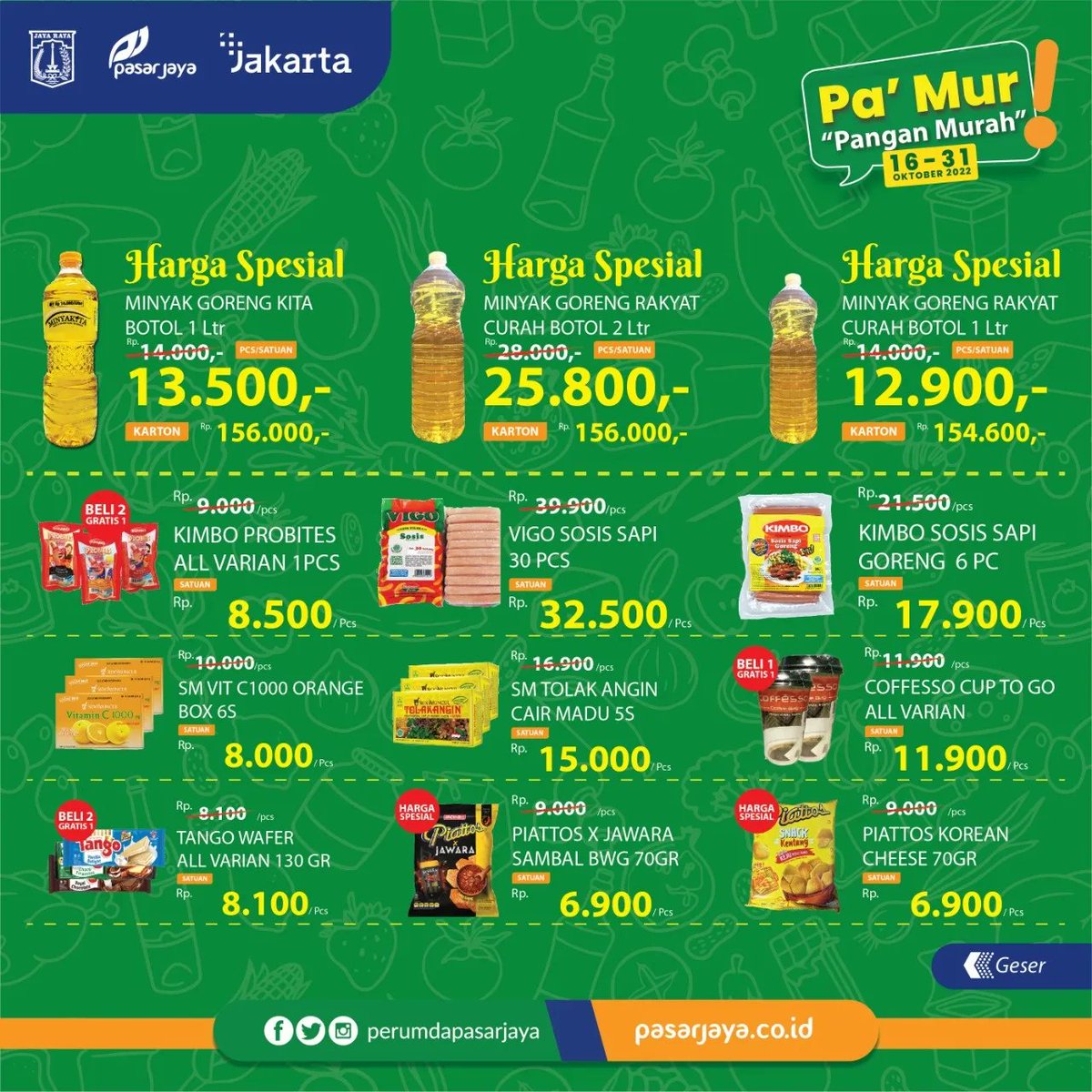 PasarJaya_JKT's tweet photo. Halo Warga DKI Jakarta!  
Promo mingguan kini hadir kembali dalam Promo Pa’Mur “Pangan Murah” bulan Oktober!  

Berikut promo #PaMur yang tersedia di Gerai #JakGrosir #Jakmart &amp; #MiniDC Perumda Pasar Jaya. https://t.co/qAQvFCjKC1