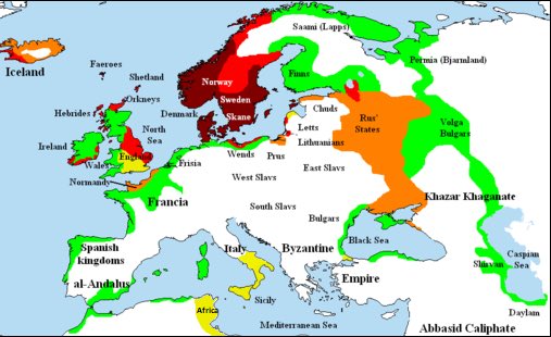 thomasdelaat's tweet photo. @rubenivangaalen Ik vind dit kaartje uit de wiki in dat verband informatiever. Kaart van de Vikinggebieden in de 8e (donkerrood), 9e (rood), 10e (oranje) en 11e (geel) eeuw. De groene gebieden waren het slachtoffer van regelmatige rooftochten door Vikingen. https://t.co/AByKodNYvH