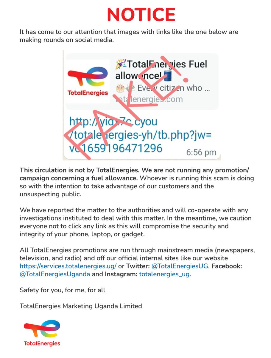 REMINDER: Fake TotalEnergies promotion circulating on social media platforms. Please be alert!