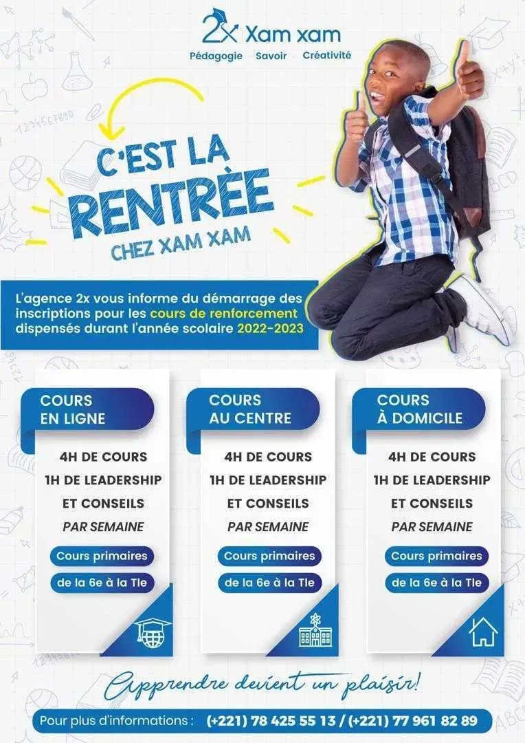 2x_xamxam's tweet image. #xamxamscolaire
🤗🤗🤗C&apos;est la rentrée chez #xamxam2x .🚀Démarrage du programme de soutien scolaire accessible à tous les niveaux de la scolarité .Contactez-nous au 78 425 55 13 ou inscrivez-vous par ici 👉buff.ly/3rSpQcG 
#rentreescolaire #education #soutienscolaire