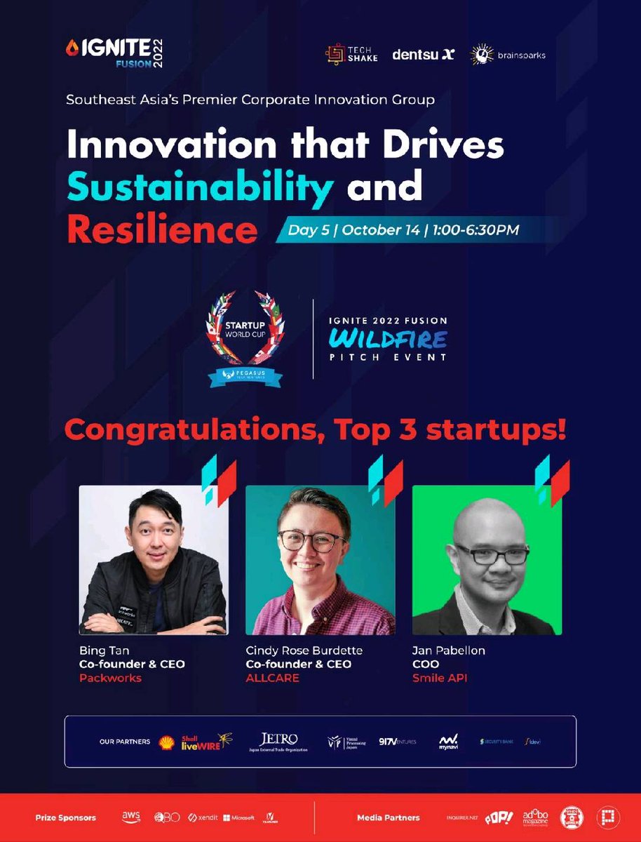 It's a wrap WILDFIRE x Startup World Cup 2022!

We offer our heartiest congratulations to Allcare and Packworks, who were also among the top three finalists.

More events for Smile are coming up 👀 Follow our socials and stay tuned.