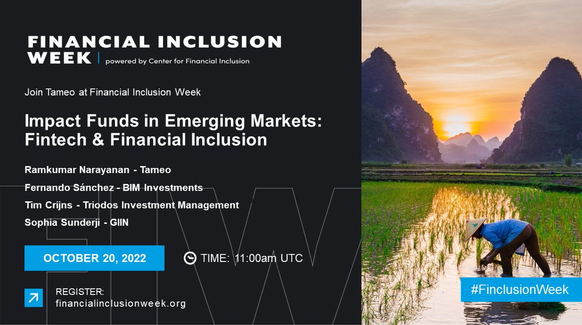 Tameo Impact Fund Solutions (@tameosolutions) on Twitter photo Join our session at #FinclusionWeek, Impact Funds in #EmergingMarkets: #Fintech & Financial Inclusion.
We’ll dive in with BIM Ltd, @TriodosIM & <a href="/theGIIN/">GIIN</a> after presenting our Private Assets #Impact Fund Report.
Oct 20, 11am UTC
Register: financialinclusionweek.org/2022-registrat…
#FIW22 #impinv Join our session at #FinclusionWeek, Impact Funds in #EmergingMarkets: #Fintech & Financial Inclusion.
We’ll dive in with BIM Ltd, @TriodosIM & <a href="/theGIIN/">GIIN</a> after presenting our Private Assets #Impact Fund Report.
Oct 20, 11am UTC
Register: financialinclusionweek.org/2022-registrat…
#FIW22 #impinv