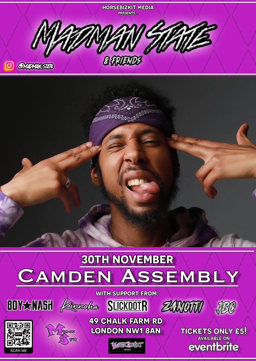 Madman State (@tommy_skillz) on Twitter photo eventbrite.co.uk/e/madman-state…
‼️30/11/22‼️- MARK THE DATE!!! MADMAN STATE & FRIENDS #HEADLINE SHOW AT THE <a href="/CamdenAssembly/">Camden Assembly</a> WITH SUPPORT FROM <a href="/BoyNash/">BOY NASH</a> <a href="/kinnoha/">kinn🌻ha</a> @Zanotti_Tweets <a href="/SlickdotR/">SlickdotR</a> <a href="/JbcLdn/">JBC.LDN</a> A SHOW NOT TO BE MISSED! 😎😍🕶️
#livemusic #2022liveshows #novembermusic #ukhiphop #ukmusic eventbrite.co.uk/e/madman-state…
‼️30/11/22‼️- MARK THE DATE!!! MADMAN STATE & FRIENDS #HEADLINE SHOW AT THE <a href="/CamdenAssembly/">Camden Assembly</a> WITH SUPPORT FROM <a href="/BoyNash/">BOY NASH</a> <a href="/kinnoha/">kinn🌻ha</a> @Zanotti_Tweets <a href="/SlickdotR/">SlickdotR</a> <a href="/JbcLdn/">JBC.LDN</a> A SHOW NOT TO BE MISSED! 😎😍🕶️
#livemusic #2022liveshows #novembermusic #ukhiphop #ukmusic