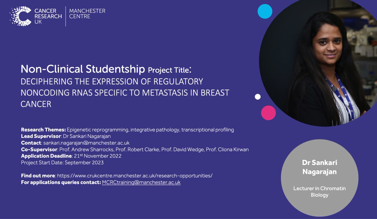Dr. Sankari Nagarajan (@snagarajanlab) on Twitter photo Fantastic opportunity to work on noncoding RNAs for your PhD in the UK. #breastcancer #enhancers #epigenetics #transcription <a href="/MCRCnews/">Manchester Cancer Research Centre</a> <a href="/MCRBreastCentre/">Manchester Breast Centre</a> <a href="/MCF_UoM/">Division of Molecular and Cellular Function UoM</a> <a href="/FBMH_UoM/">UoM Biology, Medicine and Health</a> <a href="/RobClarkeLab/">Rob Clarke</a>
crukcentre.manchester.ac.uk/opportunities/…
findaphd.com/phds/project/n… Fantastic opportunity to work on noncoding RNAs for your PhD in the UK. #breastcancer #enhancers #epigenetics #transcription <a href="/MCRCnews/">Manchester Cancer Research Centre</a> <a href="/MCRBreastCentre/">Manchester Breast Centre</a> <a href="/MCF_UoM/">Division of Molecular and Cellular Function UoM</a> <a href="/FBMH_UoM/">UoM Biology, Medicine and Health</a> <a href="/RobClarkeLab/">Rob Clarke</a>
crukcentre.manchester.ac.uk/opportunities/…
findaphd.com/phds/project/n…
