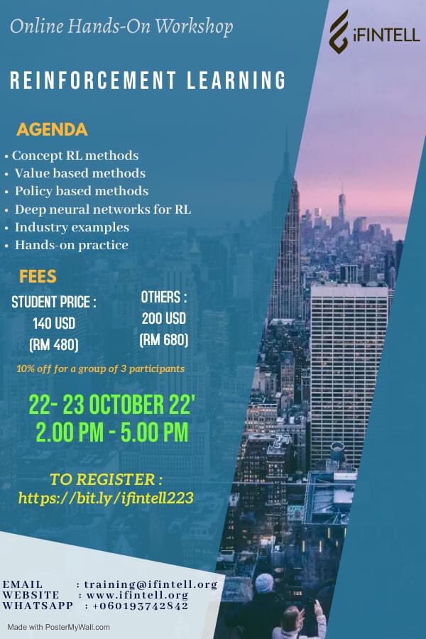IFintell's tweet photo. Join the LIVE online workshop  on Reinforcement Learning 
 
🔗Registration link:  https://t.co/aEj0V53qh9

Contact us:
💬WhatsApp: +60 17-312 2582
📧Email: info@ifintell.org
🌐Website: https://t.co/9hQiFxlabZ

#practicaldataanalysis #machinelearning #BigData #AI #dataanalytics https://t.co/SGX9sk4CC1
