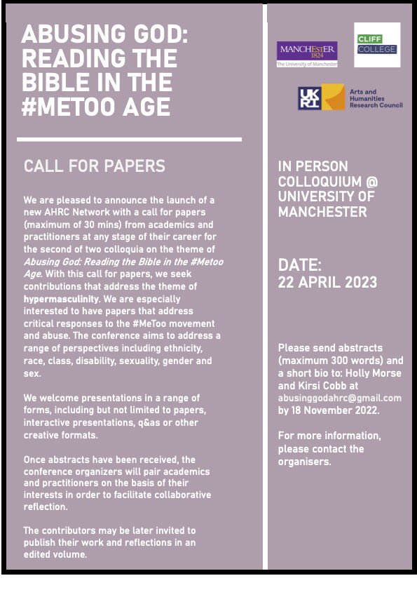 biblegenderandchurchresearchcentre (@bgc_research) on Twitter photo Call for papers!!! The next event of the Abusing God Network will be on the theme of hypermasculinity. It will take place at the Uni of Manchester in April 2023. We are looking for contributors so get to writing 😀✍️ @hfmorse <a href="/CobbKirsi/">Kirsi Cobb</a> <a href="/abusinggodahrc/">abusinggod_ahrcnetwork</a> Call for papers!!! The next event of the Abusing God Network will be on the theme of hypermasculinity. It will take place at the Uni of Manchester in April 2023. We are looking for contributors so get to writing 😀✍️ @hfmorse <a href="/CobbKirsi/">Kirsi Cobb</a> <a href="/abusinggodahrc/">abusinggod_ahrcnetwork</a>
