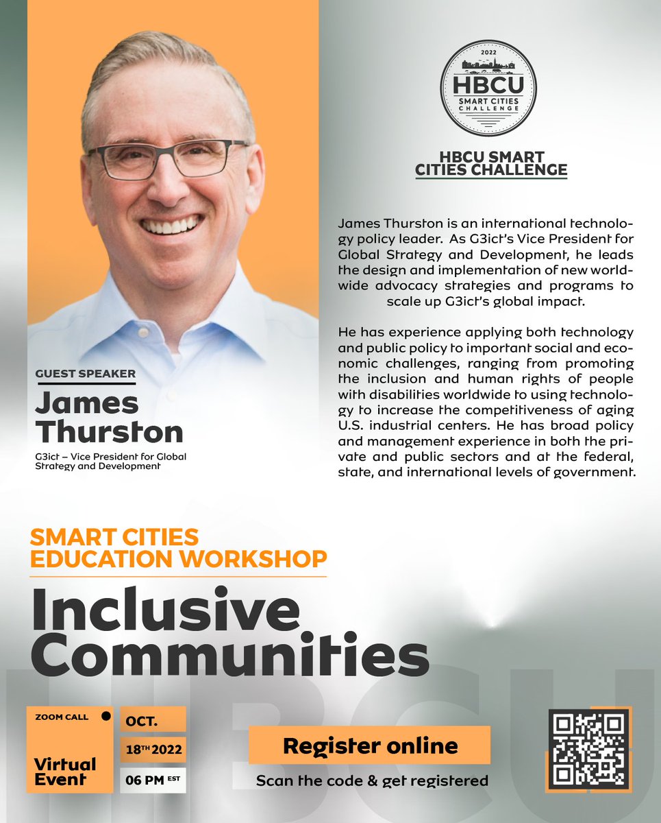 Don't miss the HBCU Smart Cities Challenge Education Workshop with @jamesthu on 18 Oct, 6 pm ET. This virtual event will highlight inclusive innovations deployed by cities and discuss how cities can achieve being both smarter and accessible. Register here: bit.ly/3yGakV4