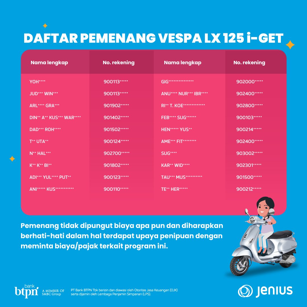 JeniusConnect's tweet photo. Penasaran siapa yang jadi pemenang hadiah utama #PUNDIJenius Vespa LX125 i-Get?

Coba cek siapa tau ada nama kamu~
Atau siapa tau kamu yang jadi pemenang terakhir untuk hadiah Garuda Miles di periode akhir ini. https://t.co/yvXpsZwgVN