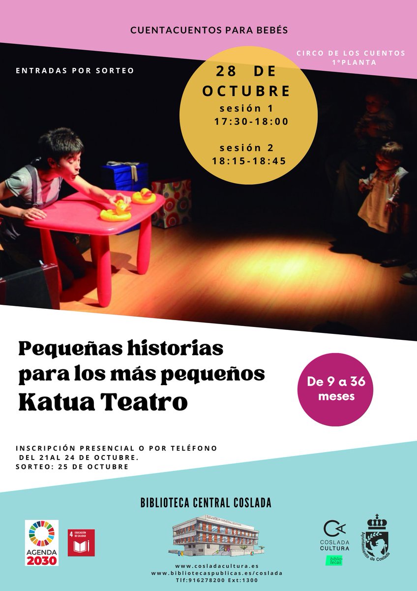 CULTURA | 📚👶🏼 Cuentacuentos para bebés: 'Pequeñas historias para los ➕ pequeños' por Katua Teatro

🗓️ Viernes 2⃣8⃣ de octubre a las 17:30 y 18:15 hs. en Biblioteca Central #Coslada, Avd. Ppes. España 16

🔴 Inscripciones presenciales o 📞 916278200 ext. 1300 hasta 24 octubre