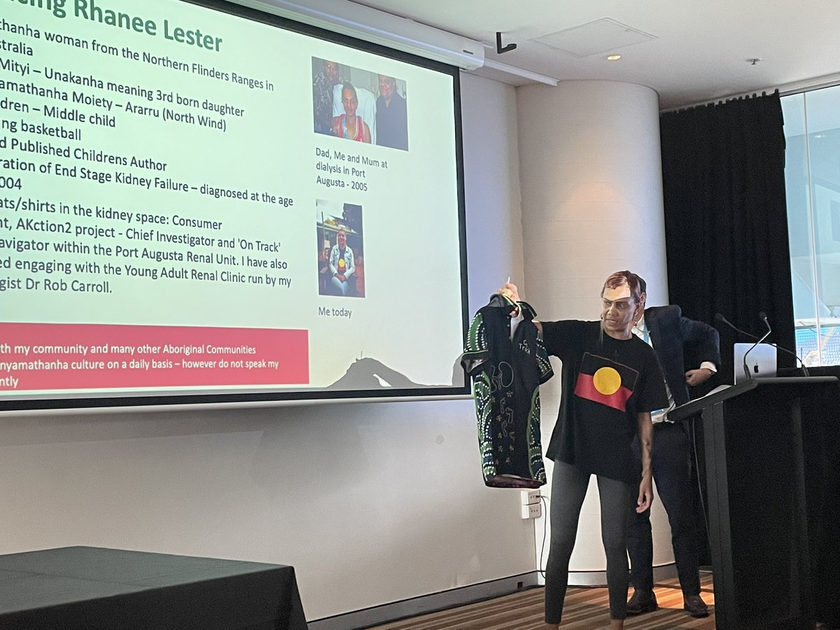shilpa_jes's tweet photo. Telling the story through the shirts she wears - wonderful talk by #patientnavigator, reference grp member, researcher @RJLester86 from @AKction2 and @NIKTTaskforce speaking in the inaugural @cariguidelines for First Nations Kidney care @ANZSNasm #anzsnasm with @djtunnicliffe https://t.co/9SB7ECQ2aG