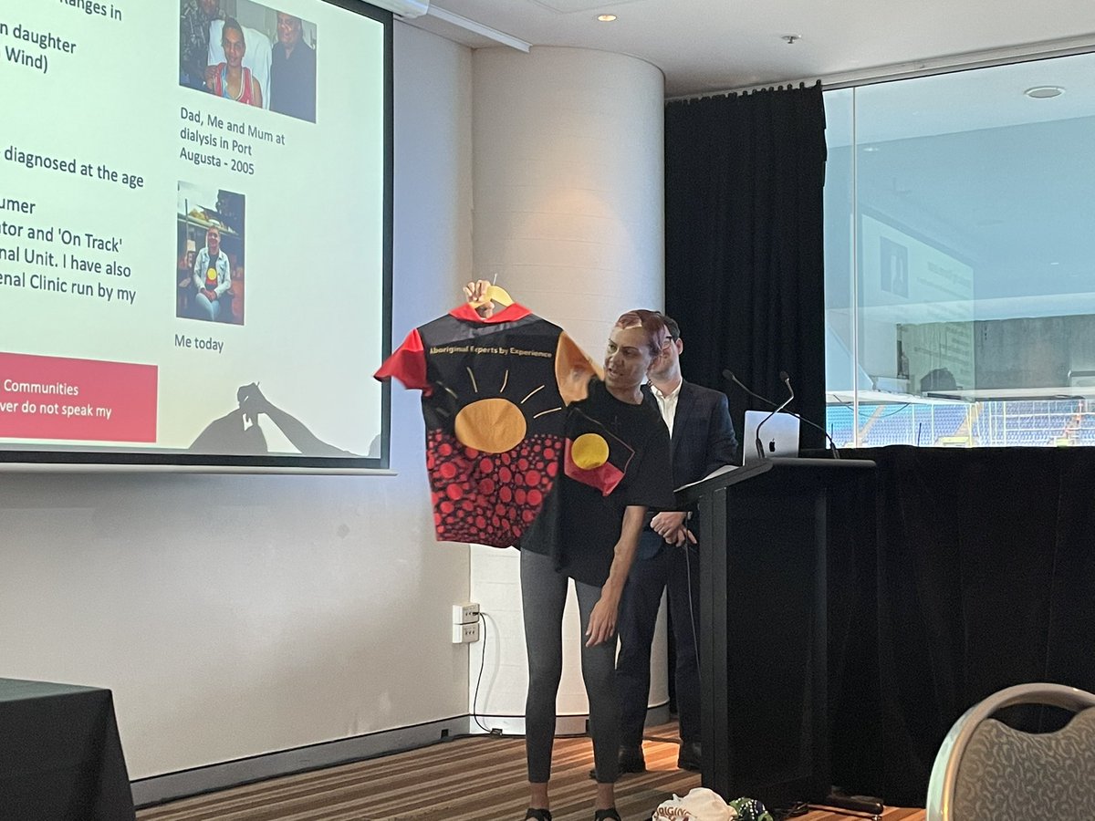shilpa_jes's tweet photo. Telling the story through the shirts she wears - wonderful talk by #patientnavigator, reference grp member, researcher @RJLester86 from @AKction2 and @NIKTTaskforce speaking in the inaugural @cariguidelines for First Nations Kidney care @ANZSNasm #anzsnasm with @djtunnicliffe https://t.co/9SB7ECQ2aG