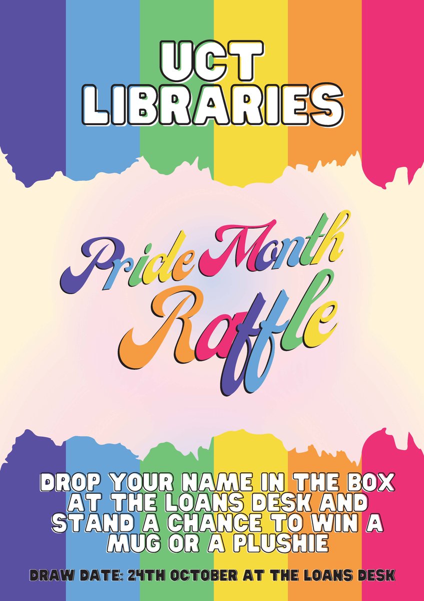 UCTLibrary's tweet photo. Happy South African Pride Month! 🌈
Make sure to stop by the loans desk at main library and enter your name in the raffle for some cool prizes 👀
#uctlibraries #southafricanpridemonth #prideatthelibrary https://t.co/fTxDiOWAOS