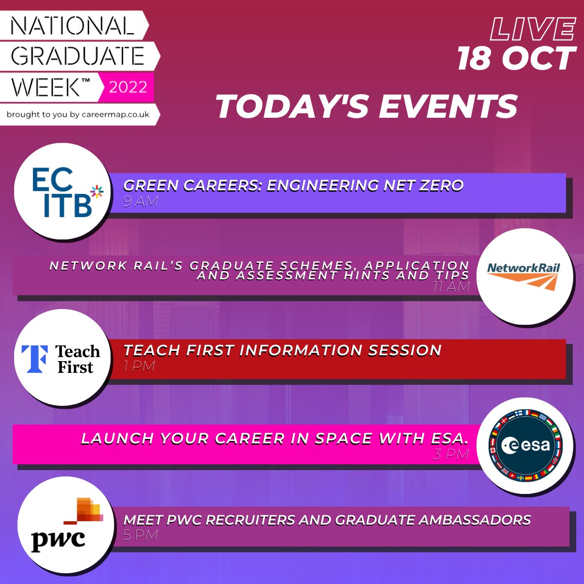 Day Two of National Graduate Week starts at 9AM today! Join us for five sessions with <a href="/ECITB_Skills/">Engineering Construction Industry Training Board</a>, <a href="/networkrail/">Network Rail</a>, <a href="/TeachFirst/">Teach First</a>, <a href="/esa/">European Space Agency</a> and <a href="/PwC_UK/">PwC UK</a>. Find out about their graduate opportunities and get some great application advice! Register here: bit.ly/3m4h7jp #NGW2022