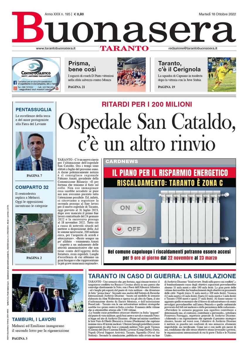 TaBuonaSera's tweet photo. Oggi in edicola 🔻
🔹️Ospedale San Cataldo altro rinvio @RegionePuglia @RoccoPalese1 @fabiano_amati
🔹️Le eccellenze della terra e del mare @FieraDelLevante #Pentassuglia
🔹️Il secondo lotto #Tamburi @micheleemiliano
@Rinaldo_Melucci
🔹️Al lavoro con #Ance @comuneditaranto https://t.co/aMylL8rNCB