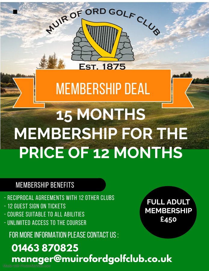 15 Month membership for the price of 12 months. The following membership deal is on offer for the period from 1st November 2022 to 31st January 2024.

For more information please contact us on 01463 870825.