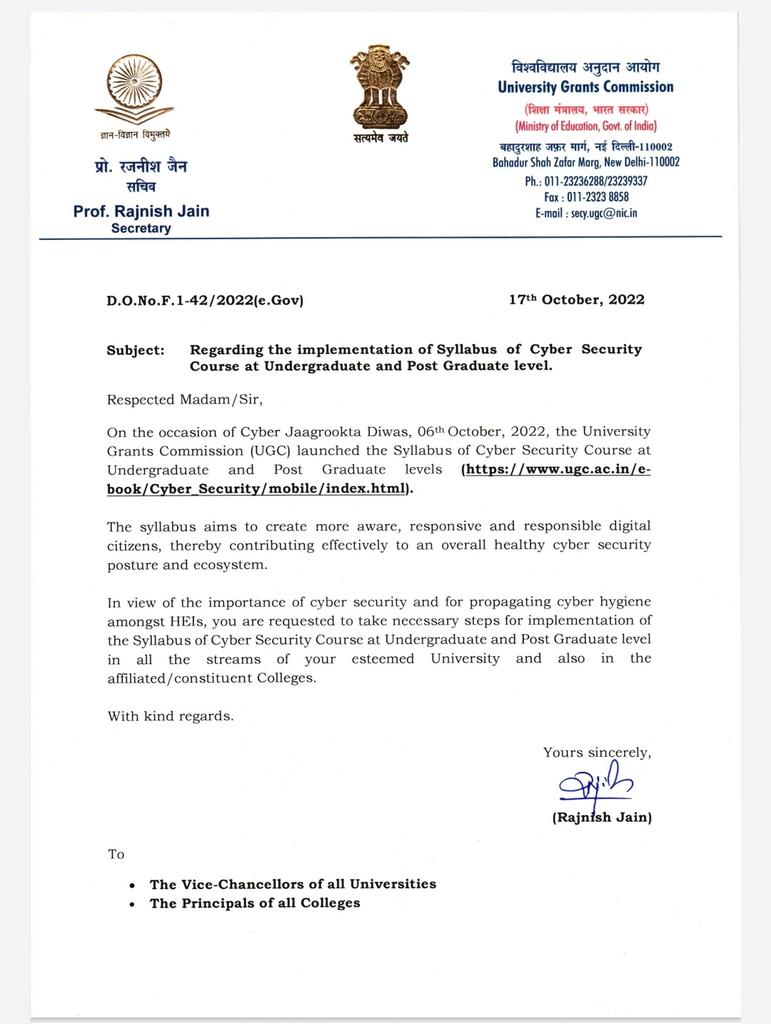 ugc_india's tweet photo. UGC letter regarding: Implementation of the Syllabus of Cyber Security Courses at the Undergraduate and Post Graduate levels.
For more details:https://t.co/n9LCGY7S2c https://t.co/CITbn6Mx5D