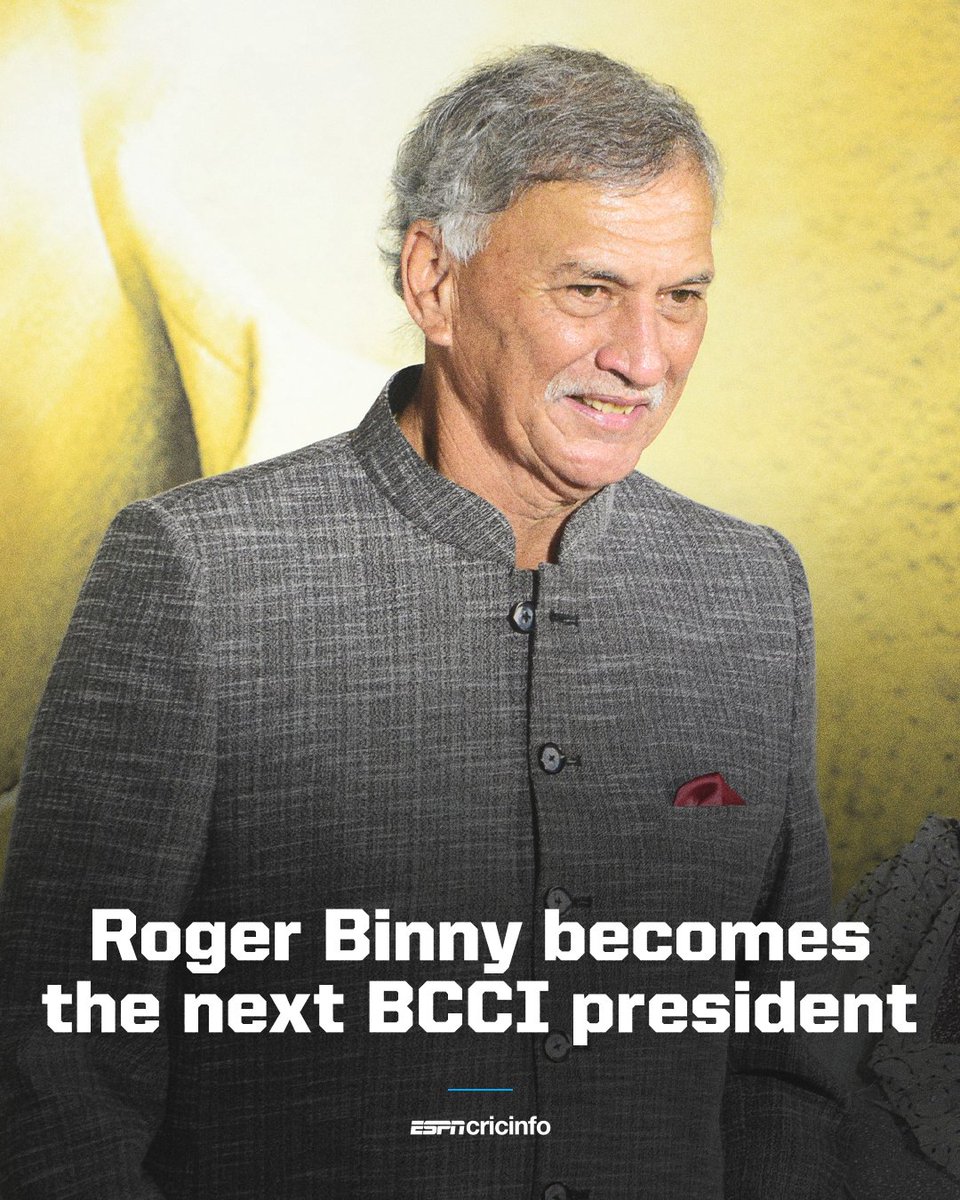 cricinfo's tweet photo. 🚨 Just in:  Roger Binny is the new BCCI president, taking over from Sourav Ganguly https://t.co/YkRLzGZVf8