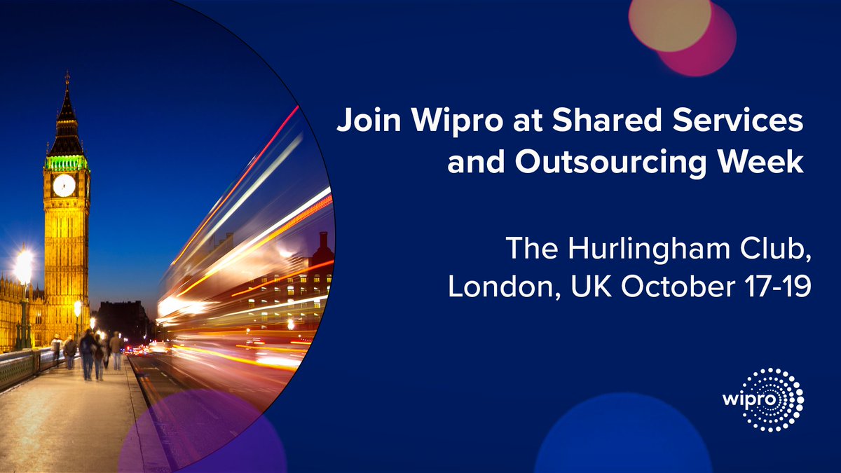 Join Wipro at Shared Services & Outsourcing Week this October to hear our insights on critical topics for your organization, including automation in process standardization, the future of HR, and enhance SSC customer satisfaction. Details here: bit.ly/3Cdtdjb