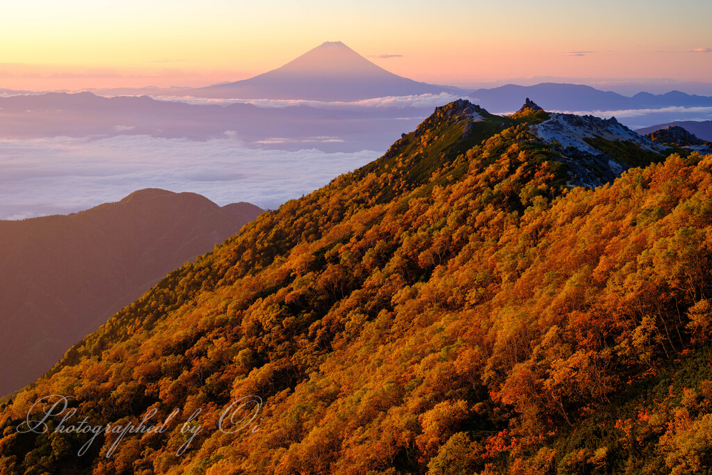 紅葉する山から見る富士山が美しい😊