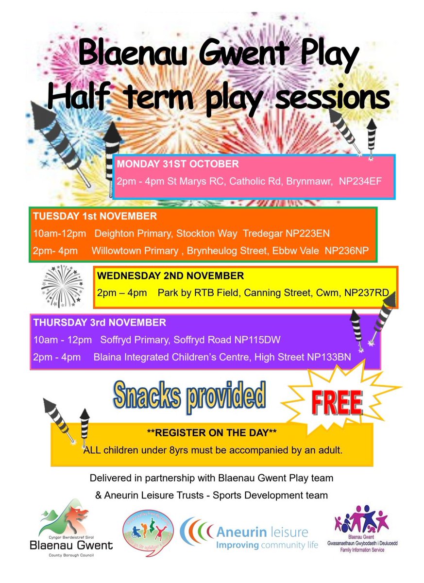 Half term play sessions. Please see attached for more information. <a href="/Aneurinleisure/">Aneurin Leisure</a> <a href="/BlaenauGwentCBC/">Blaenau Gwent CBC</a>