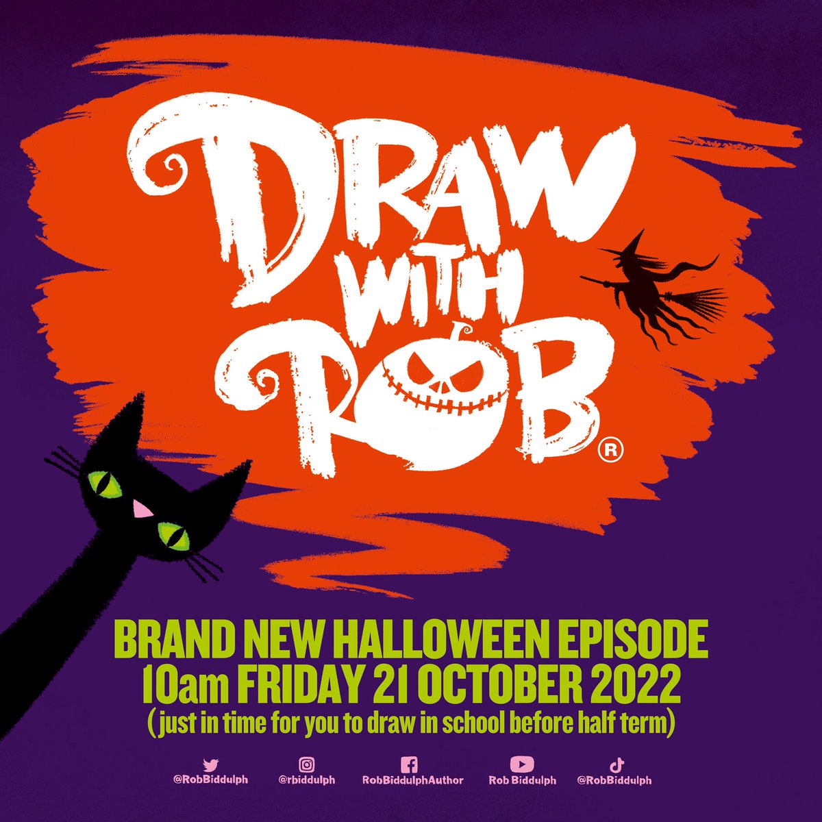 RobBiddulph's tweet photo. FYI I’m releasing this year’s #DrawWithRob #Halloween episode THIS FRIDAY so that teachers can watch it with their charges as a special end-of-half-term treat. Tune in from 10am Friday for some frightful fun! 🎃 🐈‍⬛ 🧙‍♀️ https://t.co/5qc5qjqWoR