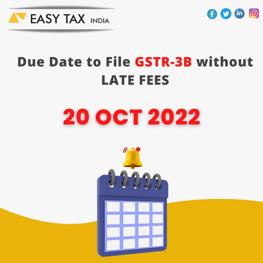 EasyTaxIndia1's tweet image. 𝗗𝘂𝗲 𝗗𝗮𝘁𝗲 𝘁𝗼 𝗙𝗶𝗹𝗲 𝗚𝗦𝗧𝗥- 𝟯𝗕 𝘄𝗶𝘁𝗵𝗼𝘂𝘁 𝗟𝗮𝘁𝗲 𝗙𝗲𝗲𝘀

Call us to know more: 📞+919213734887
Email: 📧 easytaxindiahelp@gmail.com
Enquire now: easytaxindia.com
.
.
.
#duedate #filegst #LateFee #GSTRegistration #businessregistration #easytaxindia