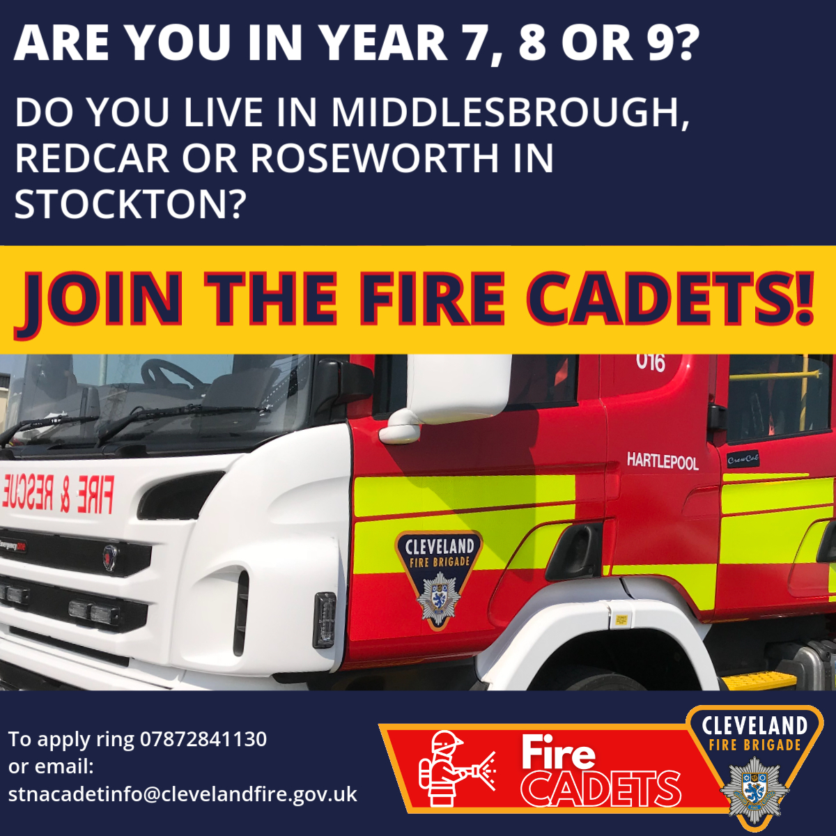 Lift_Unity_City's tweet image. Cleveland Fire Brigade are excited to announce the launch of our new Fire Cadets Programme.

Young People in years 7, 8 and 9 are eligible to express their interest in becoming one of our Fire Cadets.