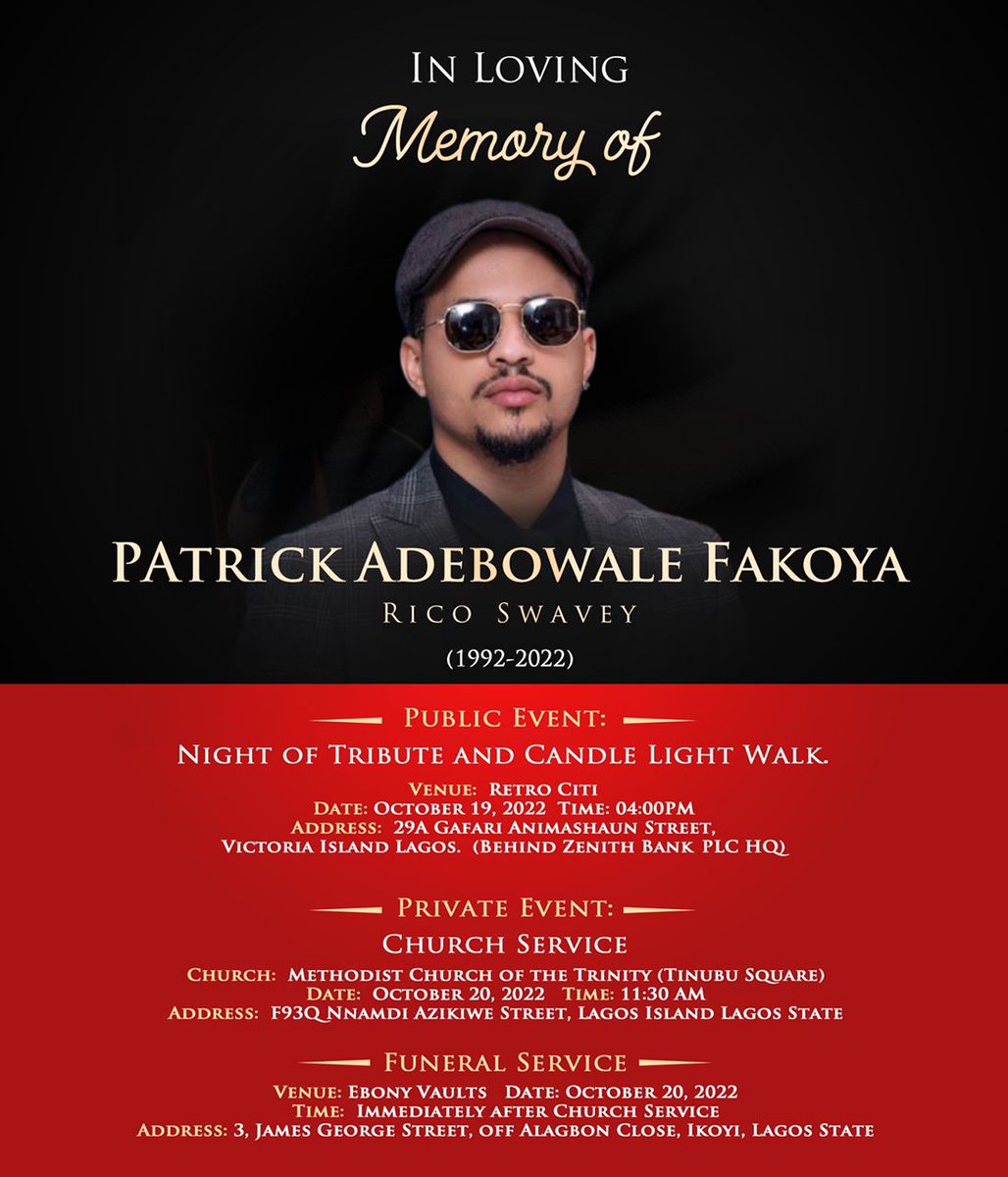 iamricoswavey's tweet photo. With a heavy heart, we invite all  friends and fans of Rico swavey to his tribute night/candle light walk tomorrow as we witness a star supernova. ☄️

Thank you all.
Signed 

Family/Management team. https://t.co/VNaqZYx00k