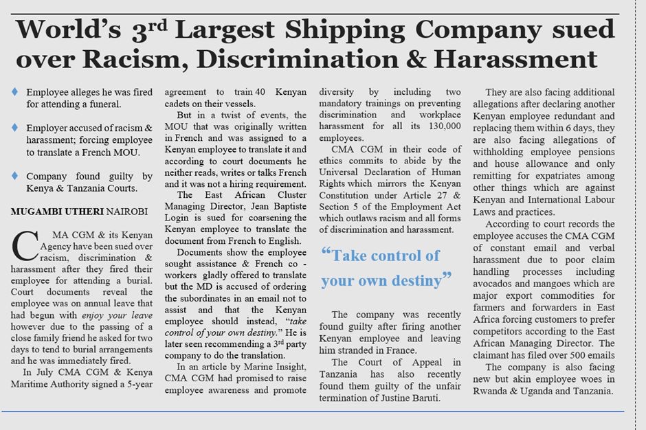 morrynTiffany's tweet photo. It really saddens me to read such articles. This feels like a very toxic place to work. 

#ToxicWorkPlaces
#CMACGM
#EndRacism
#EndDiscrimination
#EndHarassment
#InternationalCompanies
#LocalEmployees https://t.co/tLt5rcNjKH