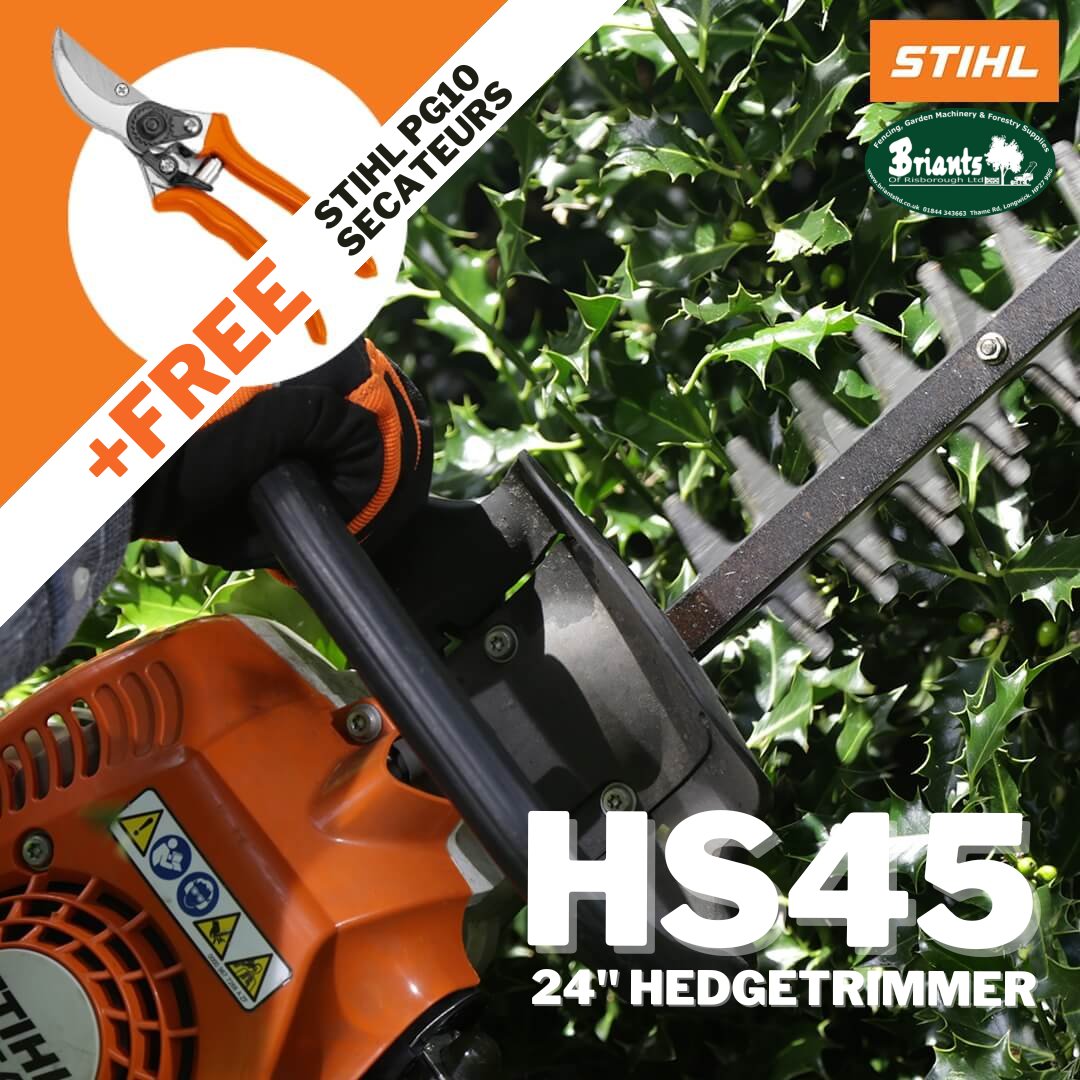 Looking for a petrol hedgetrimmer for the Autumn tidy?

Buy a Stihl HS45 hedgetrimmer and receive a free pair of Stihl PG10 secateurs.

Visit briantsltd.co.uk/product/stihl-…

Versatile trimmer featuring a 600mm long cutting bar with 30mm tooth spacing.

#stihl #gardening #hedgetrimming